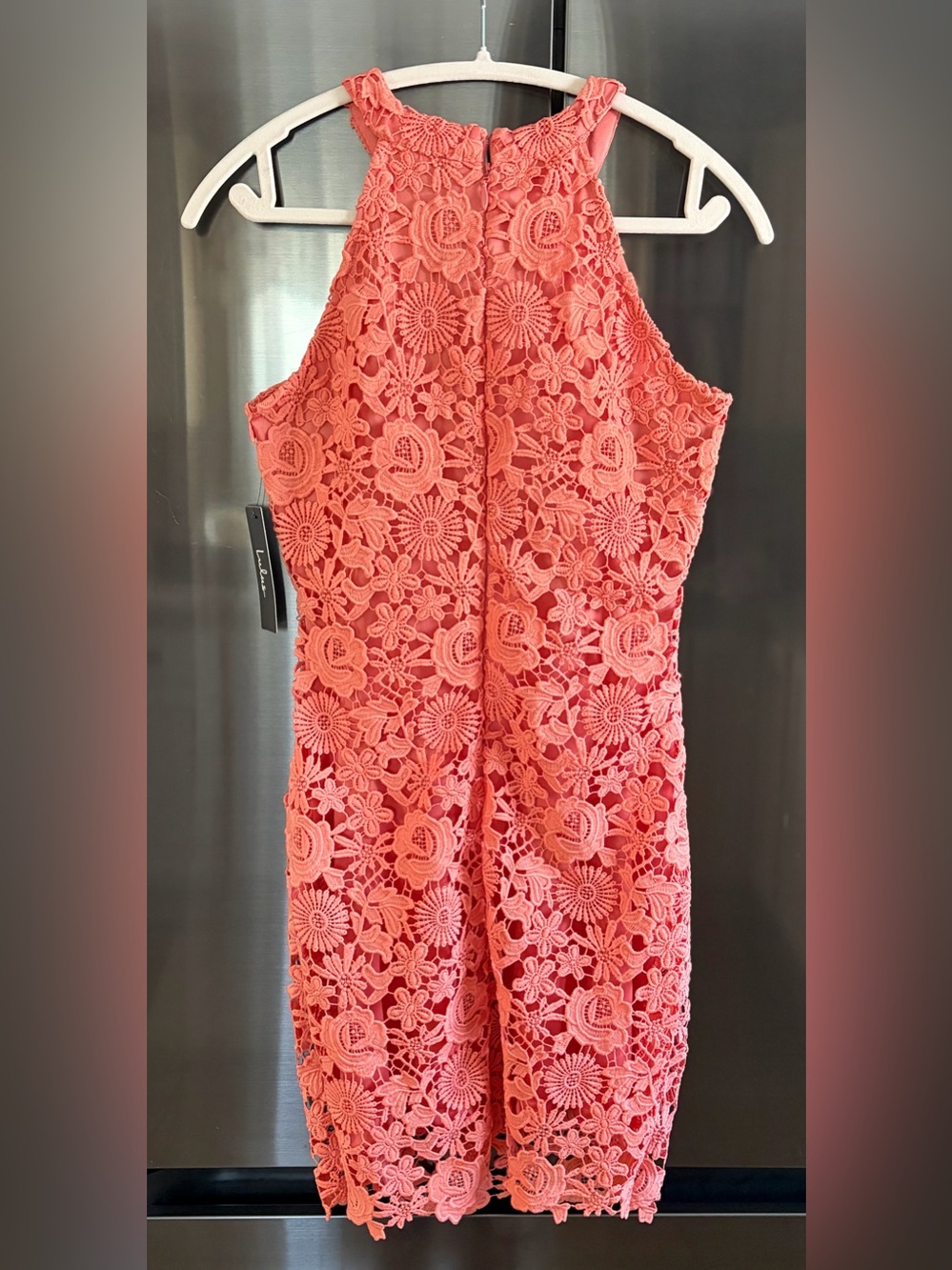 NWT Lulus Love Poem Coral/Orange Lace Hi Halter Mini Dress Sz M - Picture 2 of 5